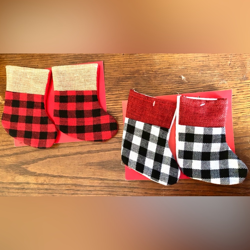 Christmas Red Black White Check Flannel and Burlap Mini Stocking Ornaments Set 4